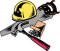 A yellow hard hat, a saw, a hammer with a red handle and a box of nails