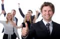 Business people cheer for success of coaching and team building