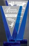 Victory and valor are the character traits for this Silver and Blue Acrylic V award.  The tower of Blue and Silver is mounted on a Blue Acrylic Base. Reverse precision laser engraving adds depth to your logo and personalization.