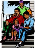An African American family sitting and smiling on the front porch of their home on a summer day.
