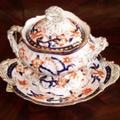 Antique English Minton porcelain imari decor covered Sauce Tureen and stand, Circa 1850