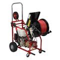 The Spartan 727 hose reel pivots forward for jetting directly into floor drains (shown with optional loading assist wheel).